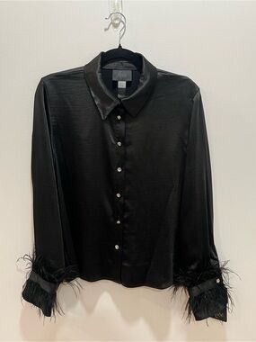 Black Faux Satin Button-Up Blouse with Feather Cuffs